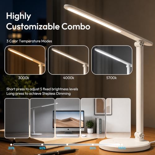 LED Desk Lamp for Home Office,Eye-Caring 9W Touch Desk Light, White
