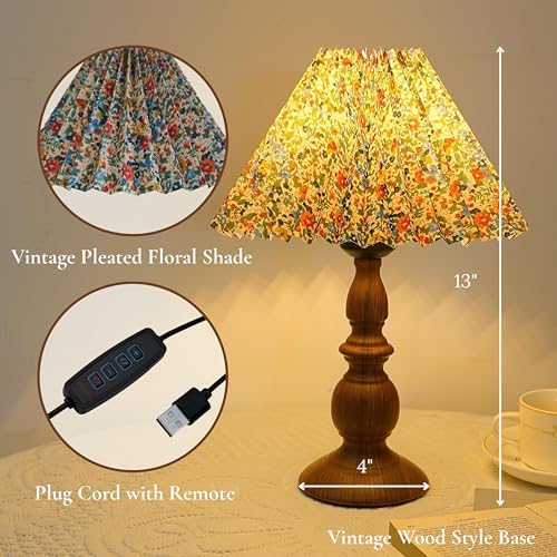 DYMOND Vintage Pleated Floral Table Lamp, Integrated LED No Bulb Needed, 3 Color Dimmable Desk Lamp for Bedroom Nightstand