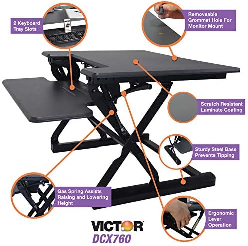Victor High Rise 36-Inch Desk Converter, Height Adjustable Sit to Stand Riser, Dual Monitor and Laptop Workstation with Keyboard Tray, Gray