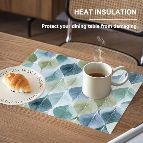 Mid Century Abstract Autumn Shapes Modern Pattern Linen Placemats, Leaf Green and Blue Repeating Table Mats for Table Washable Heat Insulation Thick Dining Mat, Indoor/Outdoor 12X18 in 4 Pcs