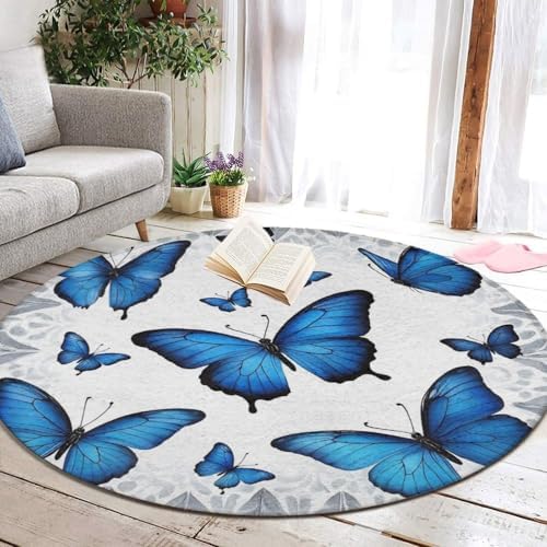 Soft Round Yoga Carpet, Large Home Decor Mat, Non Slip Machine Washable Kitchen Office Circle Rug Beautiful Blue Butterfly
