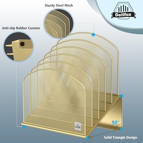 Delifox Inclined Desk File Organizer,Vertical File Folder Holder Stand Metal Rack File Sorter for Office Classroom Desktop Organization (2, Gold, 5)
