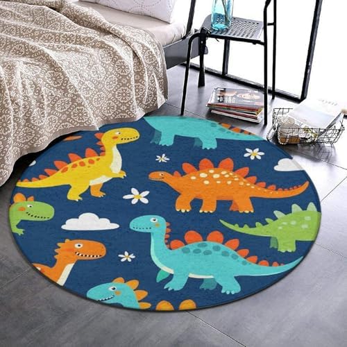 Large Machine Washable Circular Rugs, Home Decor Round Mat for Living Room Sofa Office Dinosaur