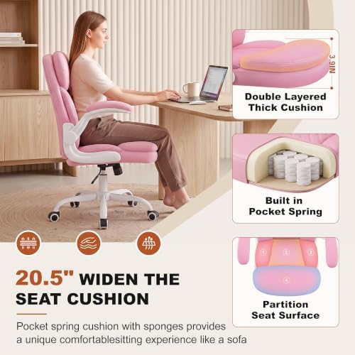 Leather Office Chair, Pink Computer Desk Chair with Dual Back Support
