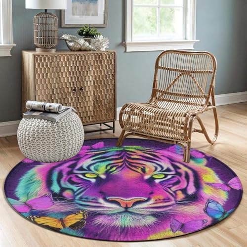 Machine Washable Modern Round Area Rug, Room Sofa Yoga Soft Round Carpet, Home Decor Non Slip Kitchen Office Circle Rug King of The Tiger Butterfly Art, 24inch