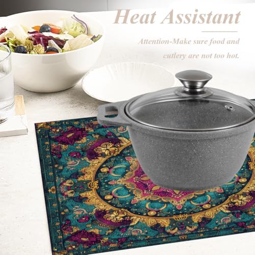 Shrahala Exotic Rich Color Placemats, Ornate Details Swirling Forms Table Mat Linen Burlap Washable Double-Deck Heat Insulation for Dining/Kitchen Table Set of 8 (12 X 18 Inch)
