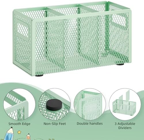 Marbrasse Mesh Pen Holder for Desk, Pencil Holder Desk Organizer 3 Adjustable Compartments, Pencil Cup with Handle Perfect for Classroom, Office, Home, Makeup, Art (Green)