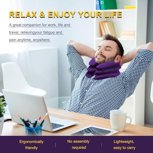 Neck Stretcher, Cervical Traction Device, Neck Traction Device, Cervical Neck Traction Device for Neck Pain Relief, Adjustable Inflatable Neck Brace, Neck Decompression Home Use (Dark Purple)
