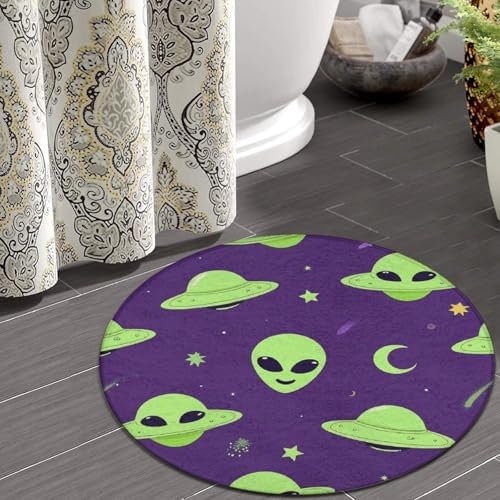 Large Home Decor Mat, Soft Round Yoga Carpet, Non Slip Machine Washable Kitchen Office Circle Rug Alien Art Purple