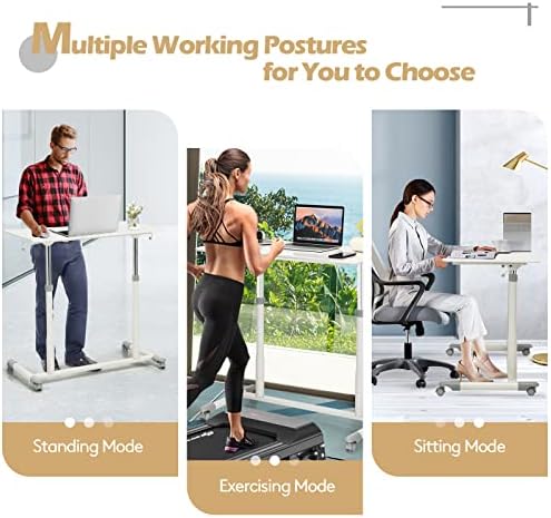 COSTWAY Mobile Height Adjustable Standing Desk, Compact Pneumatic Sit to Stand Computer Desk w/Lockable Casters, Ergonomic Rolling Laptop Table w/Steel Frame for Home Office (White)