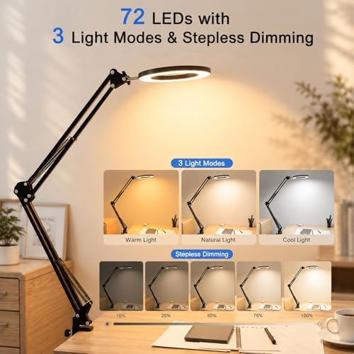 10X Magnifying Lamp with Light and Clamp, 6.3-Inch Real Glass Lens