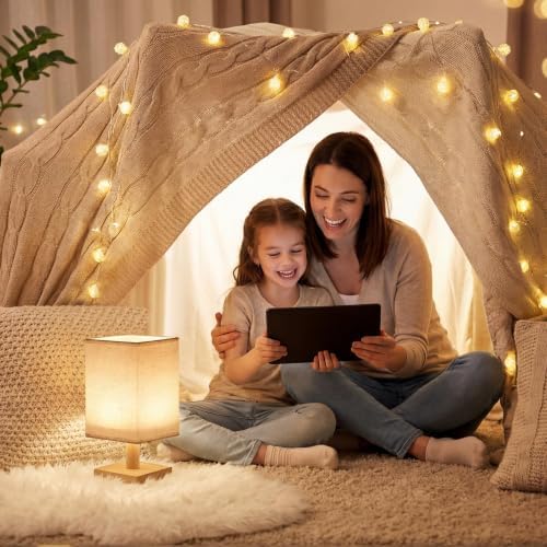 Small Table Lamp Set of 2, Square Short Bedside Lamps 2700K Warm LED with Linen Shade & Wood Base, USB Nightstand Lamps for Bedroom Living Room