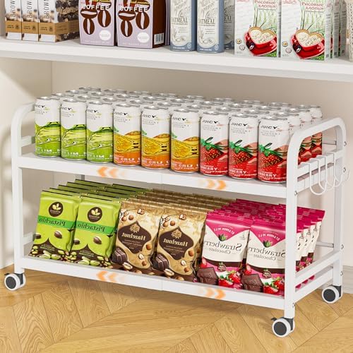 2-Tier Expandable Rolling Cart, Pantry Storage Cart with Wheels, Adjustable Rolling Pantry Floor Organizer, Metal Under Desk Cart, Sturdy Can Storage & Snack Organizer for Kitchen Pantry, White
