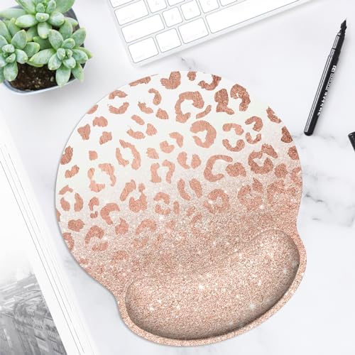 ITNRSIIET Ergonomic Mouse Pad with Wrist Support Wrist Rest Smooth Surface Non-Slip Rubber Base Comfortable Office Supplies Pain Relief, 9.8 x 9.1 inches, Rose Gold Leopard Print