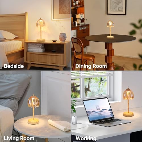 Shenmoyl Tulip Table Lamp with 5200mAh Battery & Touch Control, Small Cordless Table Lamp with 3 Colors, Rechargeable Battery Operated Table Lamps for Bedroom, Desk, Bedside (Amber-Beech Color)