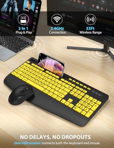 Wireless Keyboard and Mouse Combo - Large Print Ergonomic Keyboard with Wrist Rest, Phone Holder, Sleep Mode, Silent 2.4GHz Keyboard Mouse Set for Computer, Laptop, PC, Mac, Windows - Trueque
