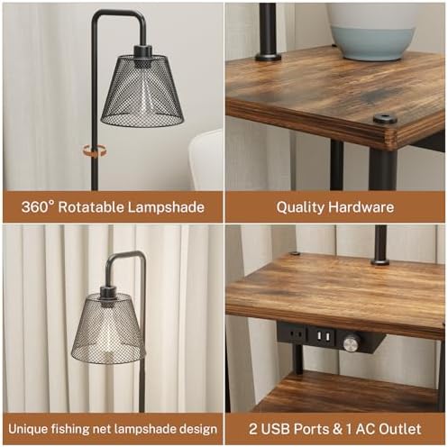 Floor Lamp with Table, Side Table with USB Charging Port and Outlet, Modern Bedside Nightstand End Table with Floor Light for Living Room, Bedroom, Guest Room, Bulb Included, 2 Pack