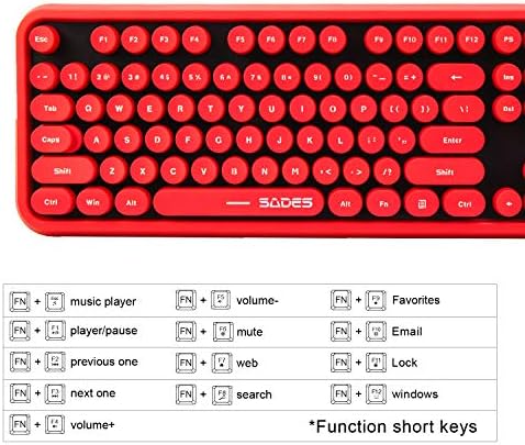 Red Color Keyboard and Mouse Wireless,Retro Typewriter Style Round Keys