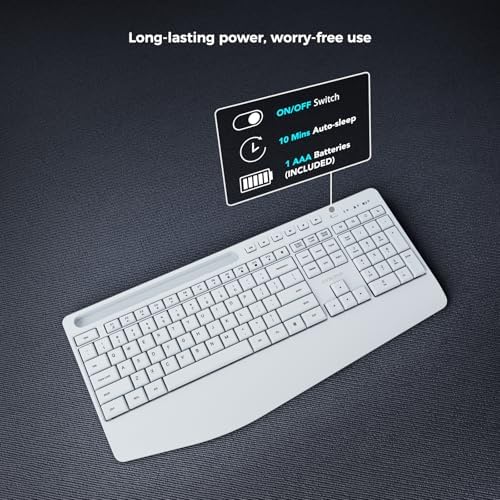 KYSONA 5th Gen Wireless Keyboard,2.4G Full-Sized Cordless Ergonomic Keyboard with Wrist Rest, Phone ipad Holder, Adjustable Angle, Compatible with Laptop/PC/Mac/Windows, White