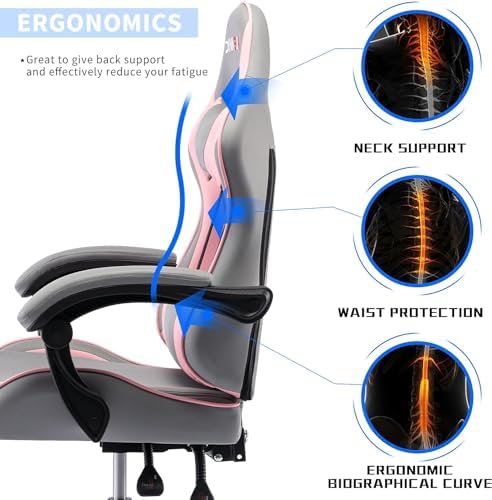 Gaming Chair with Massager, Fabric Gaming Chairs for Adults, Ergonomic Gamer Chair with Adjustable Headrest and Lumbar Support, Reclining Computer Game Chair, High Back, Frost Pink