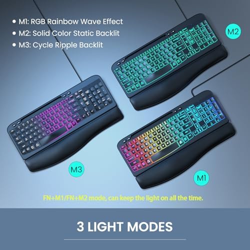 Ergonomic Keyboard, Wired Backlit Computer Keyboard with Wrist Rest, Black