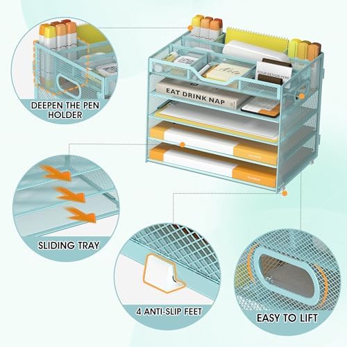 5 Tier Paper Letter Tray Desk Organizer with Pen Holders - Blue