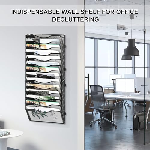 EasyPAG Wall File Organizer for Office 14 Pocket Mesh Wall Mounted Paper Organizer Hanging Folder Holder with Nametag Label for Home School, Black