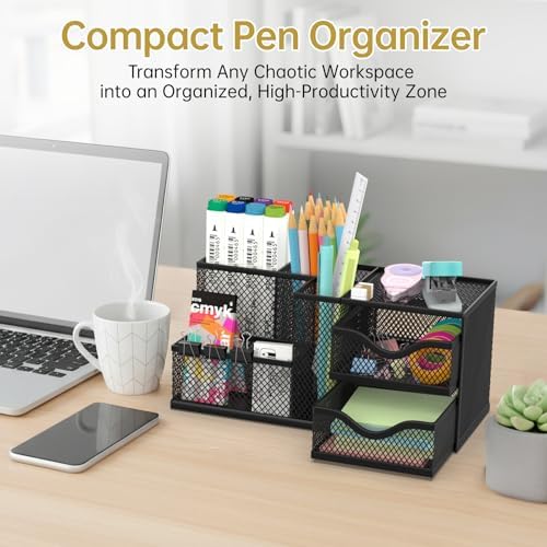 Mesh Desk Organizer with 2 Drawers and 5 Compartments, Pen Holder for Desk