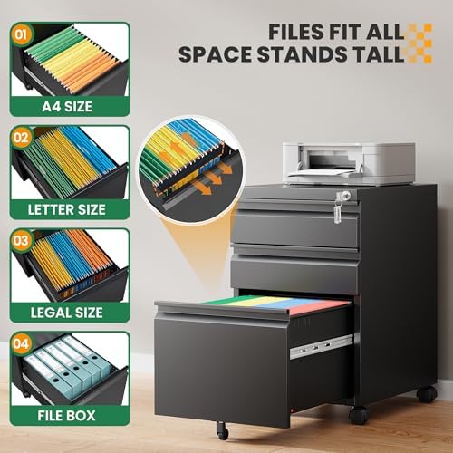 3 Drawer Mobile File Cabinet with Lock,Under Desk Rolling File Cabinet for Home Office Fits Legal/Letter/A4 File (Unassembled,Black)