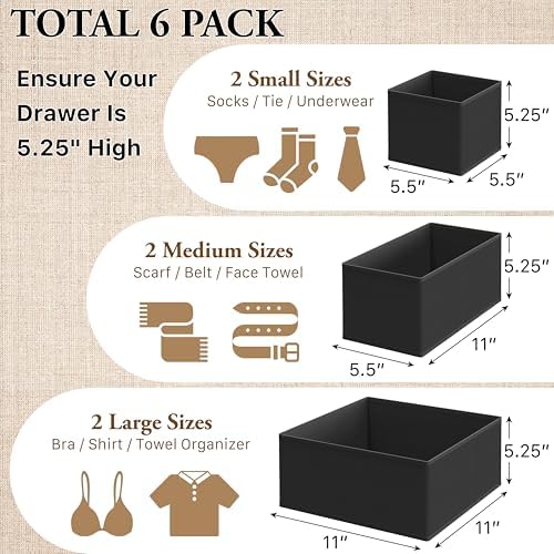 Simple Houseware Underwear Drawer Organizer, Set of 6, Black