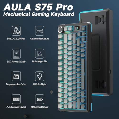 AULA S75 PRO Wireless Mechanical Gaming Keyboard with Screen&Knob, 80 Keys