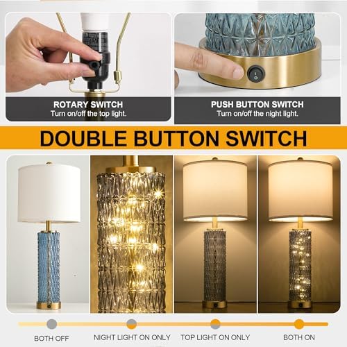 Oneach 27.75" Blue Table Lamps Set of 2 with LED Nightlight for Bedside