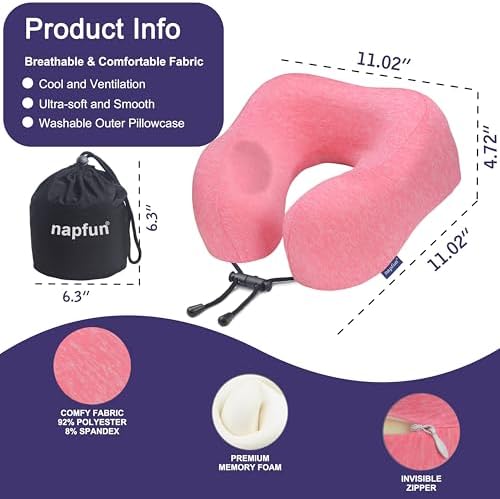 napfun Neck Pillow for Travel, Memory Foam Airplane Pillow, Rose