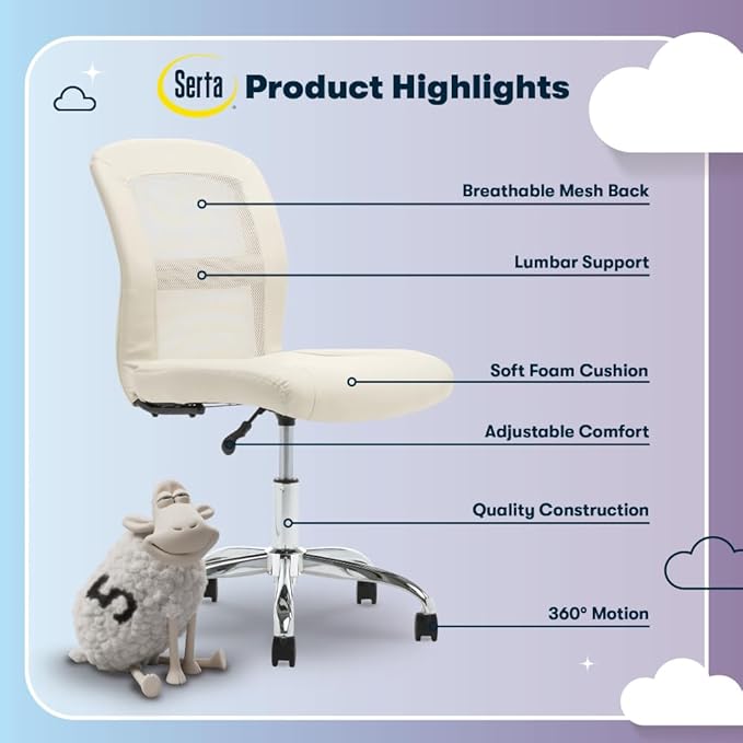 Serta Essential Armless Task Chair, Small Desk Chairs with Wheels, Breathable Mesh Back and Faux Leather, Quality Foam Cushion Seat for Comfort, Minimal Design for Vanity Table, Cream