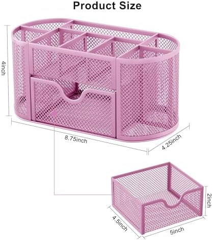 EasyPAG Mesh Pen Holder Desk Organizer with Drawer Stationery Supplies Organizer for Dorm School 9 Compartments Workspace Desk Accessories Organization for Office, Light Pink