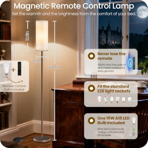 Dimmable Floor Lamps for Living Room with Remote and Foot Switch, 64.4” Modern Standing Tall Lamp, Corner Lamp for Bedroom, Bulb Included, 3000K-6500K, Beige and Brown, FCC Listed VE06LD05W1