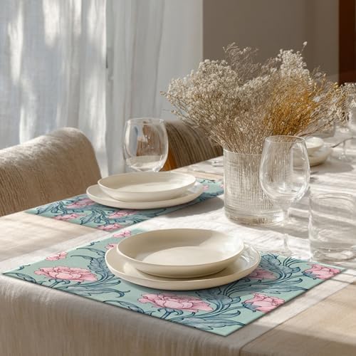 Shrahala Bloom Floral Garden Set Of 4 12 X 18 Inch Linen Placemats , Flourish Ornamental Blossom Rose Burlap Table Mat Washable Double Layered Heat Insulation For Indoor/Outdoor