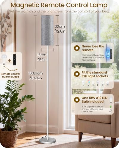 Dimmable Floor Lamps for Living Room with Remote and Foot Switch, 64.4” Modern Standing Tall Lamp, Corner Lamp for Bedroom, Office, Bulb Included, 3000K-6500K, Gray and Silver, FCC Listed SH06LD05W1