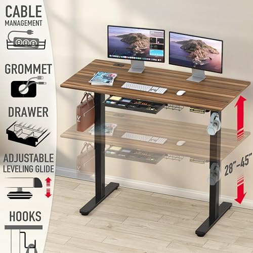 SHW 55 x 28 Electric Height Adjustable Standing Desk w/Drawer, Walnut