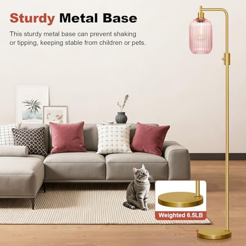 【Upgraded】 Dimmable Floor Lamp for Living Room with Pink Ribbed Glass Lampshade, Gold Modern Floor Lamp with 900LM LED Bulb Included, Arc Standing Tall Lamp for Bedroom, Office, Reading Room, Corner