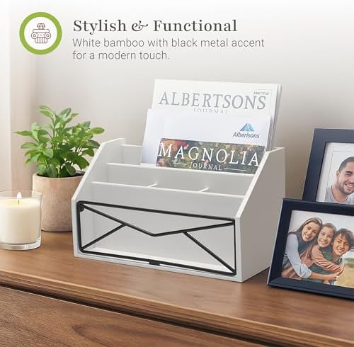 Prosumer's Choice Bamboo Desk Organizer – White Powder-Coated Natural Bamboo Mail Organizer for Countertop - Wooden Desktop Organizer for Mail, Files, Letters, and Tabletop Storage