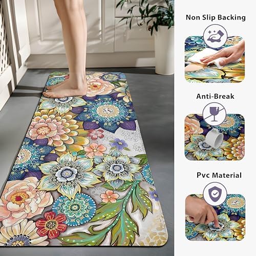 Boho Floral Kitchen Rugs Mats for Floor 2 Piece Memory Foam Padded Kitchen Mats Anti Fatigue Non Slip Cushioned Comfort Standing Mat, 17.3x28+17.3x47 Inch