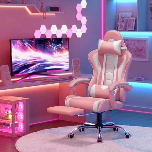 Yaheetech Gaming Chair with Footrest Massage Lumbar Pillow Pink and White