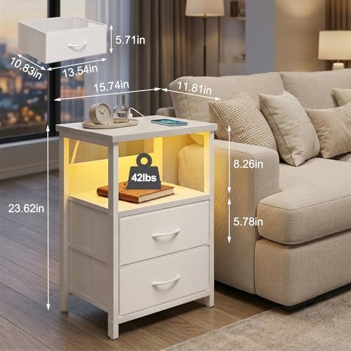 Fixwal Night Stand with Charging Station, White Led Nightstand, 2 Drawers