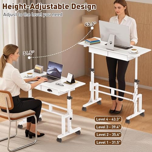 Height Adjustable Standing Desk with 2 Drawers, Small Sit Stand Up Desk with Wheels, Portable Rolling Desk for Walking Pad Treadmill, Computer Office, Adjustable 31.5"-43.3", White, Upgraded Stable