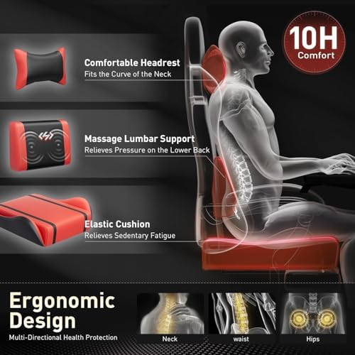 HLDIRECT High Back Gaming Chair, USB Massage Lumbar Support, Black&Red