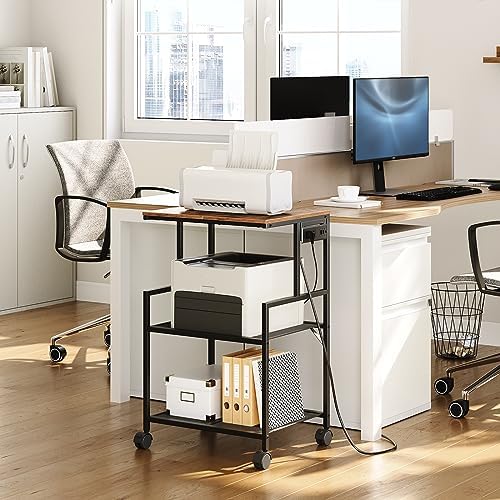 MAHANCRIS Mobile Printer Stand, 3-Tier Industrial Printer Cart with Power Outlets and 2 USB Ports, Rolling Printer Table on Wheels for Home Offices Kitchen Organization Rack, Rustic Brown PTHR78E01