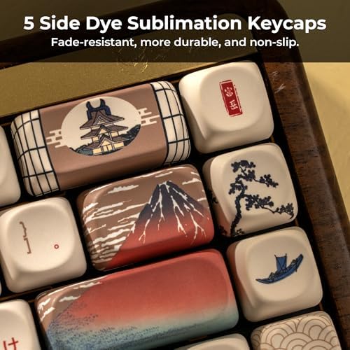 OHY XVX MOA Profile Japanese Fuji Mountain Theme PBT Keycaps Set, 140-Key Coffee & Cream Custom Keycaps for US Layout Mechanical Keyboards (Brown/Beige Design with Key Puller)