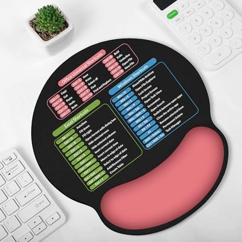 KONVINIT Ergonomic Mouse Pad with Wrist Rest, Small Excel Cheat Sheet Desk Pad with Windows & Office & Excel Shortcuts, Non-Slip Rubber Base Mouse Pads for Desk with Smooth Surface, Black Pink