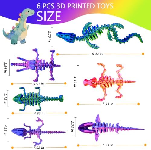 6pcs 3D Printed Dinosaur Skeletons,Snake Flexible，Articulated T-Rex Fidget Toys,Large,3D Printed Animals,Desk Toy，Easter Eggs Basket Stuffers,Toys for Boys Kids Teen Girl 4-6 8-12